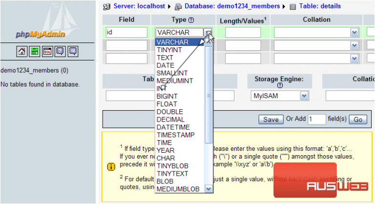Create a database table in phpMyAdmin - Web24